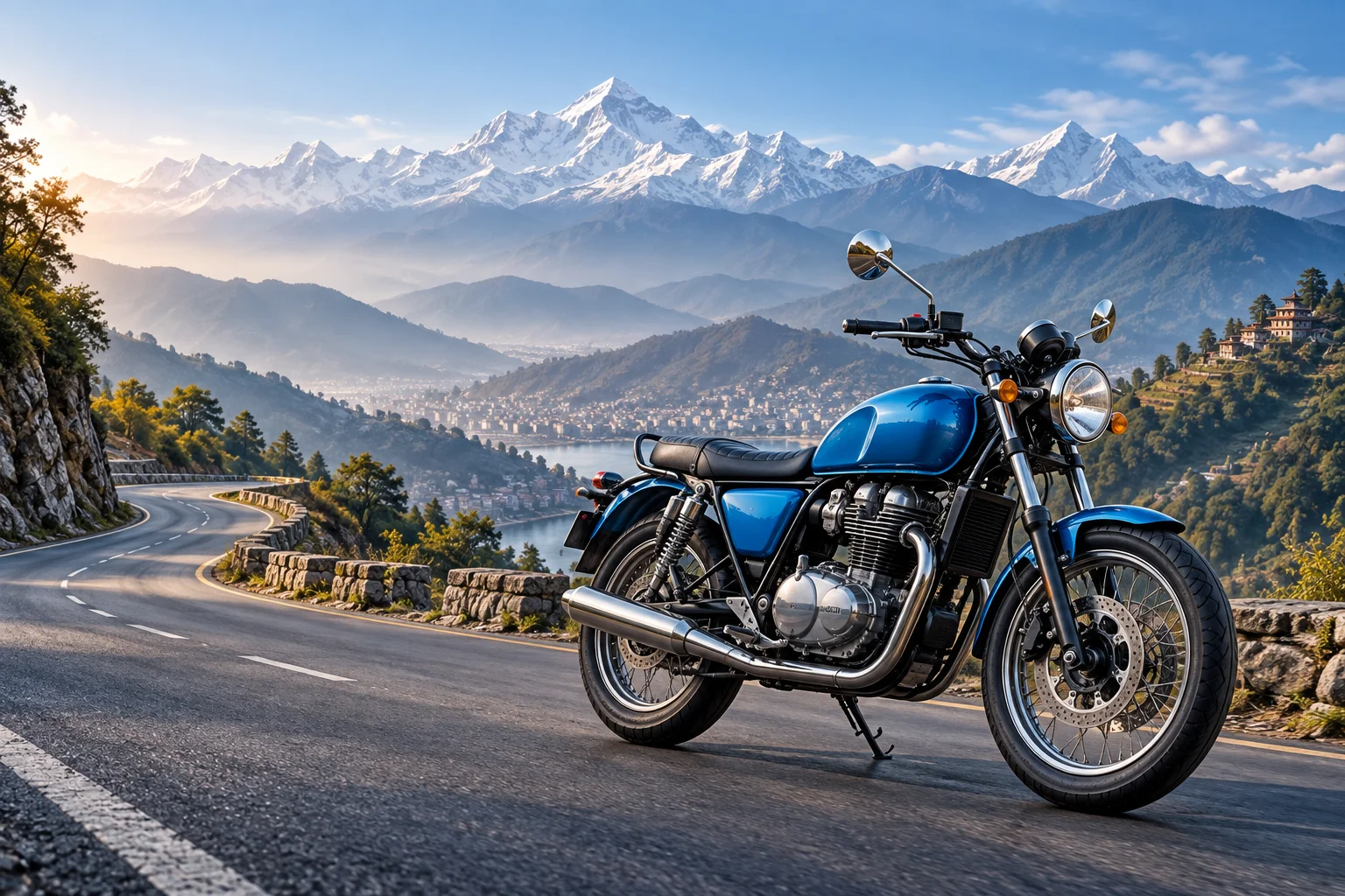 Illustrated blue motorcycle on a winding road in the Himalayan foothills